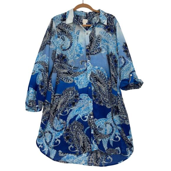 Chico's Duster Blouse Size L Blue White Paisley Button Up Semi Sheer Longline - Picture 1 of 12